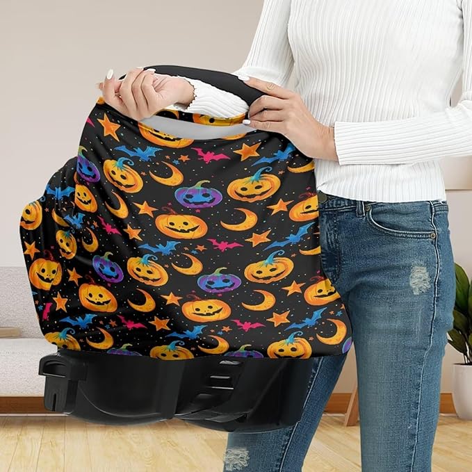 Binienty Galaxy Pumpkin Bats Moon Car Seat Covers for Babies, Halloween Decoration,Halloween Pumpkin Nursing Cover Breastfeeding Scarf, Stretch Baby Carseat Canopy
