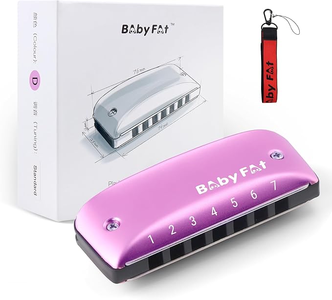 BabyFat 7 Hole Blues Mini Harmonica Set,Diatonic Harmonica with free lanyards,Gifts for Professional Players and Beginners,Easy-playing Musical Instrument(Key of D）