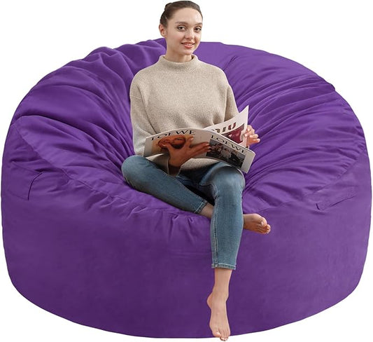 6FT Bean Bag Chair, Large Bean Bag Chairs with Memory Foam Filled, Fluffy Beanbag Sofa with Dutch Velvet Cover, Round BeanBag Chairs for Living Room, Playroom - Purple