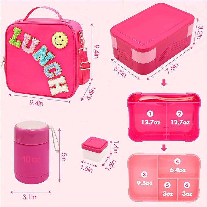 Bento Lunch Box Set for Kids with 10oz Thermo Food Jar, Leak-Proof Lunch Containers with 6 Compartment, Nylon Preppy Lunch Bag with Adjustable Strap for Girls School Travel Picnic