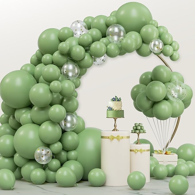 JOYIN 150 Pcs Sage Green Balloons, Different Sizes 18 12 10 5 Inch Sage Green Latex Balloon Arch Kit with Instruction for Birthday Party Graduation Wedding Holiday Decoration