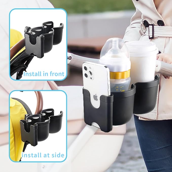 Baby Stroller Cup Holder with Phone Holder, 3-in-1 Bottle Holder, 360 Removable Degrees Rotation Drink Holder for Wheelchair, Stroller, Bike, Walker, Scooter, Bicycle, Uppababy, Nuna, Bugaboo, Doona.