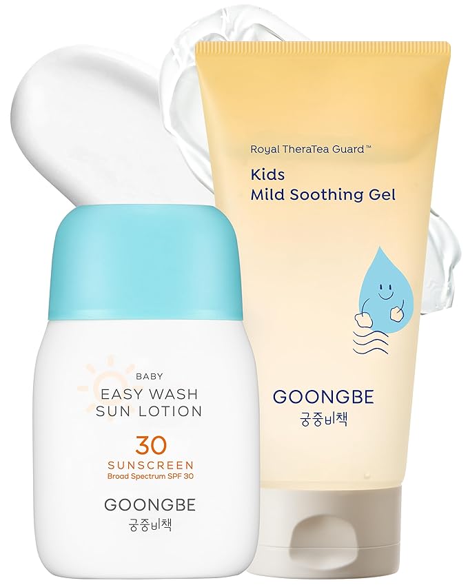 Baby Kids Easy Wash Sun Lotion SPF 30 & Mild Soothing Gel - Zinc Oxide Mineral Sunscreen & After Sun Relief - Korean Skincare for Sensitive Skin - Vegan Hypoallergenic, 2.11oz & 5.07oz