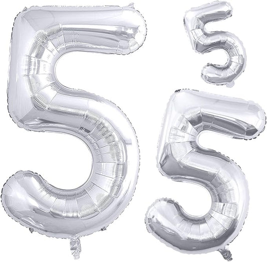 GOER Silver Foil Balloons Number 5,Huge Number Balloons for 5th 55th Birthday Party Supplies Anniversary Decorations(3 pcs,42 inch,32 inc,16inch)