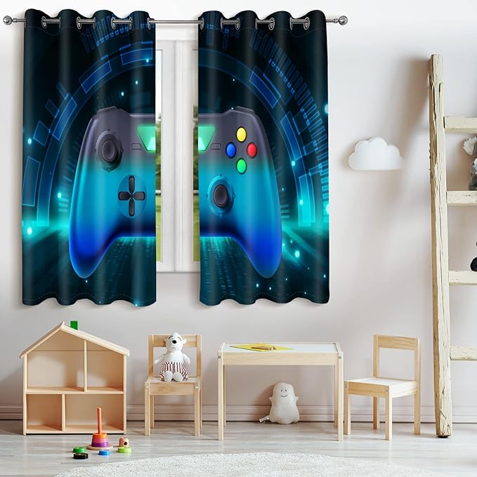 Jekeno Game Controller Blackout Curtains for Kids Boys Teens Bedroom Colorful Video Game Gamer Gaming Gamepad Decor for Home Living Room Grommet Window Drapes 2 Panel Set, 52"x63"