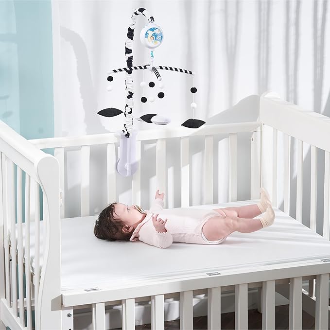 EVERLOVE Montessori Mobile Baby for Crib (TINITIGIES) - Digital Music Box with 12 lullabies & 3 Modes (Rotating only, Music only, or Both) - Black and White Baby Mobile for Boys & Girls