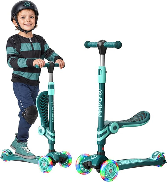 Aqua 3 Wheel Scooter with Seat for Kids – Light-Up LED Wheels, Adjustable Handlebar and Seat, Smooth PU Wheels, Wide Anti-Slip Deck, Rear Foot Brake – Toddler Outdoor Toys for Ages 2+