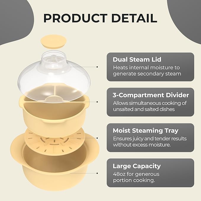 48oz Platinum Silicone 3 Compartmented Microwave Steamer Pot with Handle & Lid - Korean 100% Food-Grade Steamer Bowl, Heat-Resistant Cooker with Steam Holes, Easy Clean, Dishwasher Safe, Yellow