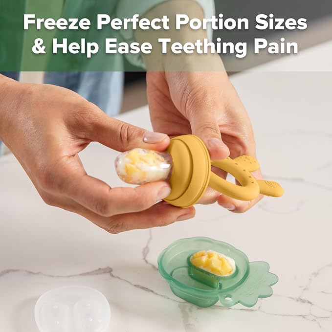 Haakaa Baby Fruit Food Feeder & Mini Freezer Nibble Tray Combo, Breastmilk Popsicle Molds for Baby Cooling Relief, BPA Free Silicone Feeder for Safe Infant Self Feeding, 4 Month+ (Mustard)