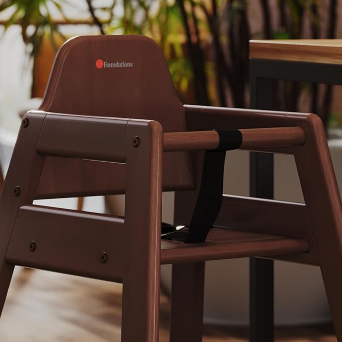 Foundations Neat Seat Wood Highchair for Restaurants, Easy to Clean, “No-tip” Feet, 3-point Safety Harness, Durable Hardwood, Small Footprint, Stackable (Antique Cherry)