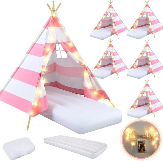 6 Pack Sleepovers Teepee Tent for Kids Bulk with Mattress Sheet Light,Natural Cotton Washable Indoor Play Tent for Birthday Slumber Party Girls Boys Pajama Movie Night Supplies(Pink, White)