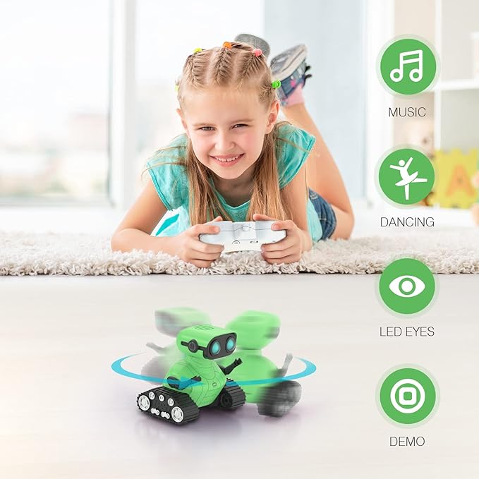 ALLCELE Robot Toys, Rechargeable RC Robot for Boys and Girls, Remote Control Toy with Music and LED Eyes, Gift for Children Age 3 Years and Up - Green