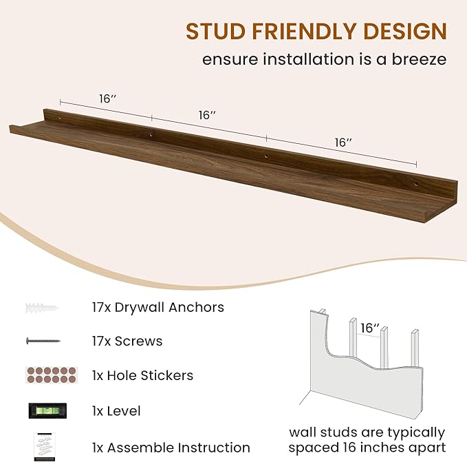 Axeman Picture Ledge Shelf, Floating Shelves for Wall Decor Storage Set of 6, 55 inch Floating Wall Mounted Shelves, Wall Shelves with Lip for Living Room, Bedroom, Nursery, Bathroom, Kitchen, Walnut