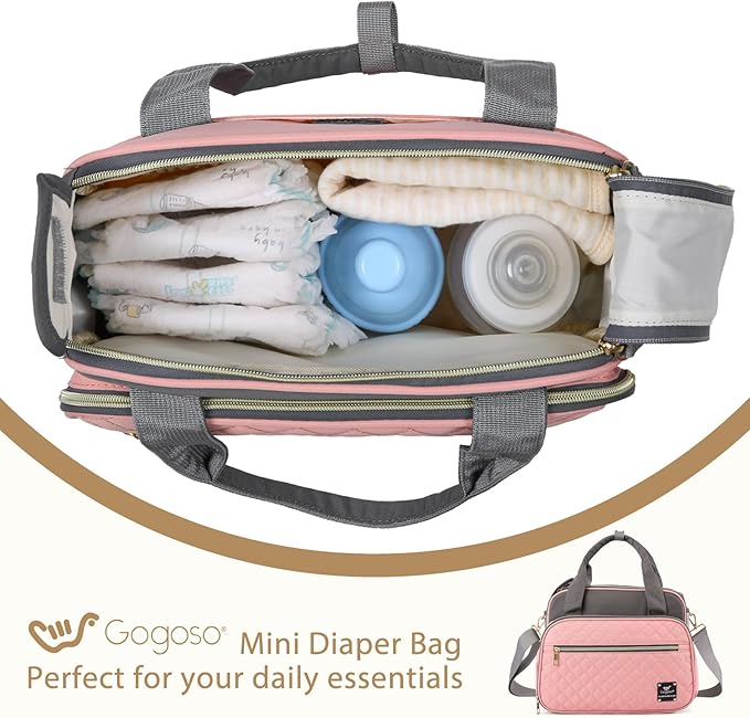 Crossbody Small Diaper Bag, Cute Mini Baby Diaper Tote Bags with Insulated Pockets for Traveling Outdoor Parent, Pink & Gray