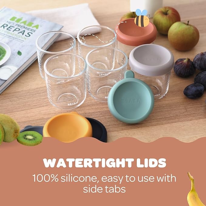BEABA 6 Pack Glass Baby Food Jars with Soft Silicone Air Tight Lids, 8 oz Glass Storage Containers with Lids, Microwave and Freezer Safe Containers, Sunrise