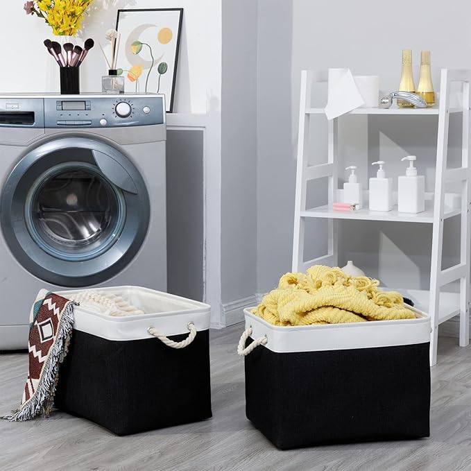 Bidtakay Black Storage Bins Storage Baskets for Shelves Decorative Basket Set of 2 Fabric Cloth Bins for Organizing 16x11.8x11.8 in Large Tall Baskets with Soft Handles for Home Office Living Room