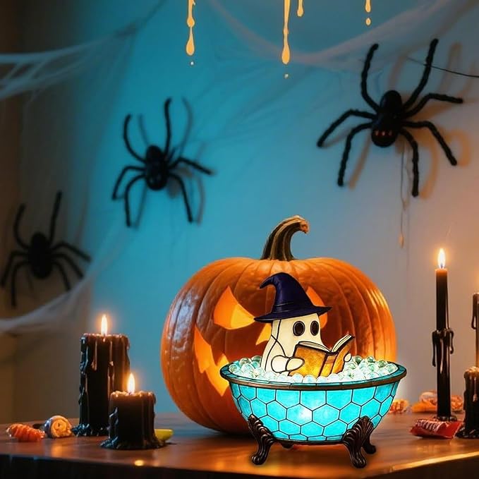 Ghost Bubble Bath Lamp, Halloween Light up Ghost Night Light, LED Flickering Nightlight, Cute Bathtub Spooky Books Nightlight for Halloween Ghost Decor