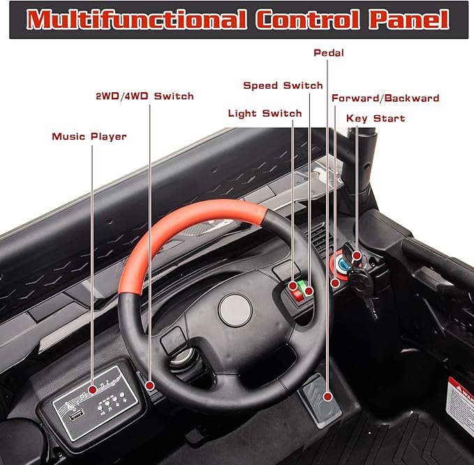 4x4 Kids Ride On Car with Remote Control, 24V Battery Powered Ride On Truck 4WD/2WD Switchable Electric Car for Kids Ride On UTV for Boys with Car Key LED Lights Music, Black…