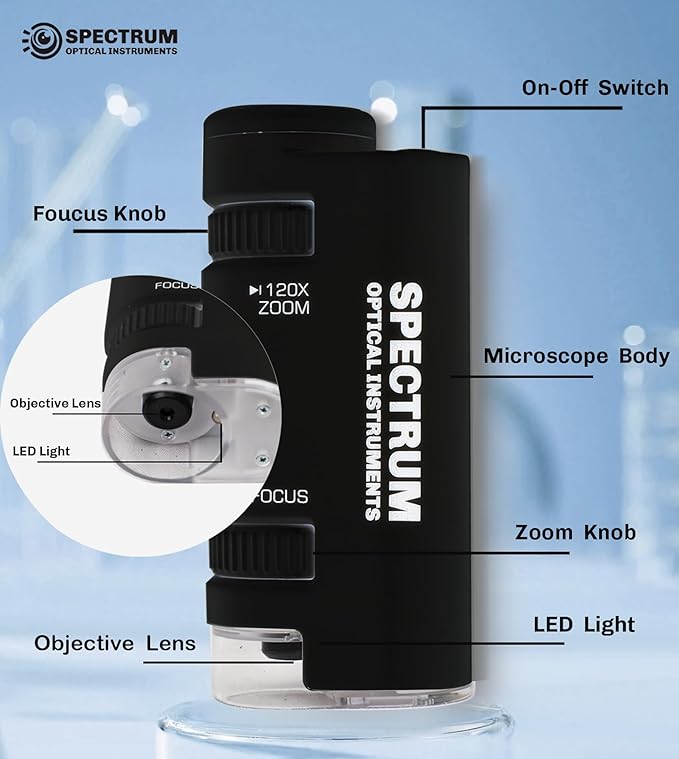 EasyMicro LED Lighted Pocket Microscope 60-120X Magnification Black Color