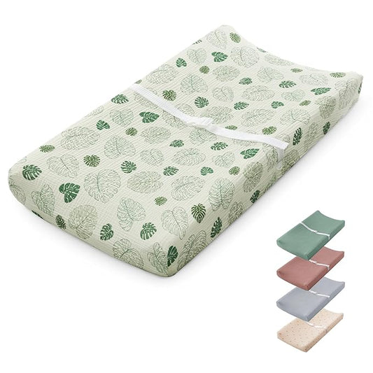 Blissful Diary Muslin Baby Changing Pad with Waterproof Lining Foam, Diaper Changing Table Pad with Cover for Dressers (Monstera, Rectangular)