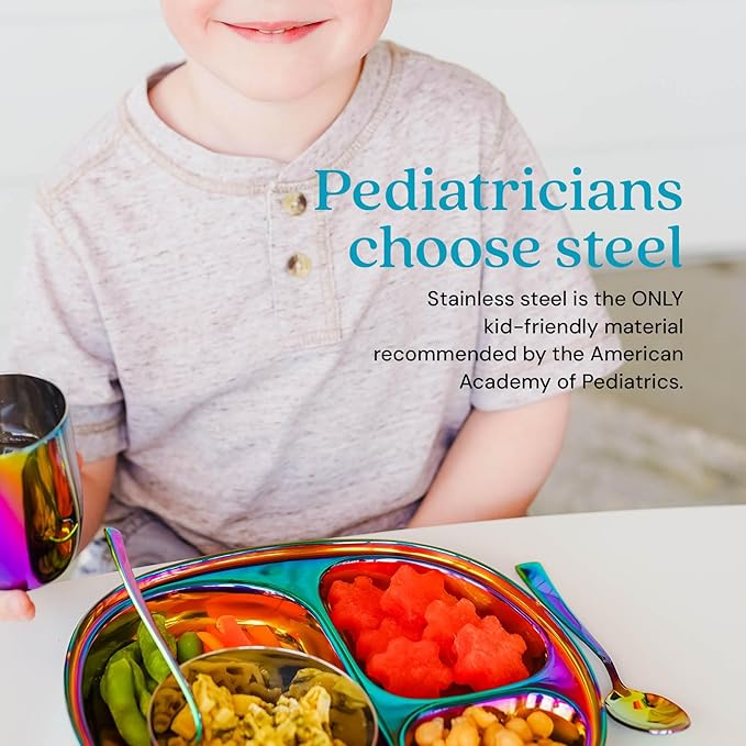 Ahimsa Stainless Steel Plates for Kids - Divided Plates for Toddlers, Pediatrician Designed, Non Toxic Toddler Plate, BPA Free & Dishwasher Safe (Rainbow Set of 4)