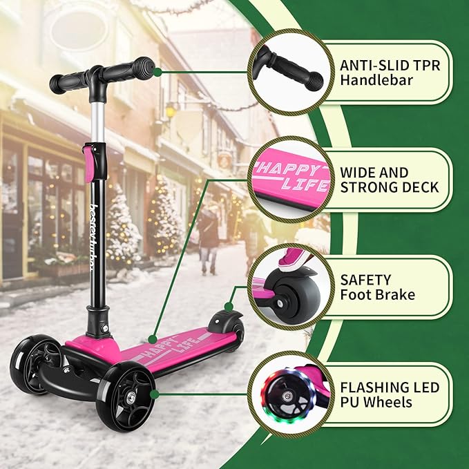 Besrey Kick Scooter for Kids Ages 3-10, 3-Wheel Folding Scooter with Adjustable Height, LED Light Wheels, Extra Wide Deck for Outdoor Activities