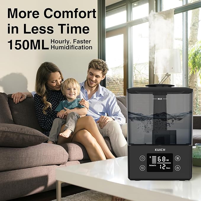 Air Humidifiers for Bedroom and Baby, Home & Plants - KUICH 2.4L Cool Mist Humidifiers for Nursery, 26db Quiet Top Fill Air Humidifier Lasts Up to 30 Hours, Auto Shut-Off, Easy to Fill and Clean,Black