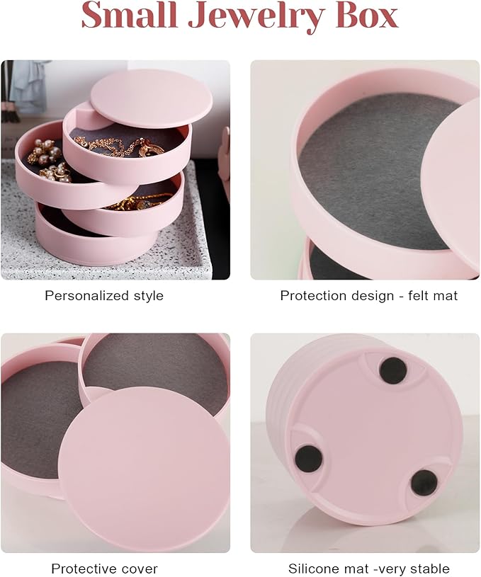 CONBOLA Jewelry Organizer, Small Jewelry Storage Box Earring Holder for Women, 4-Layer Rotating Travel Jewelry Tray Case with Lid for Bracelets Rings Bracelets, Gift for Women Teen Girls
