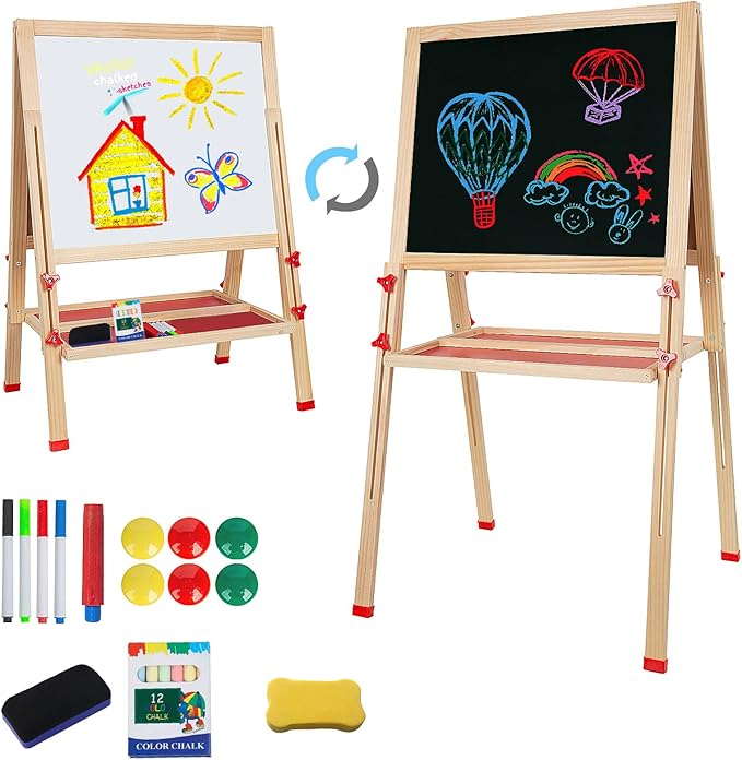 Adjustable Wooden Easel for Kids, Foldable Standing Art Easel for 3, 4, 5, 6, 7, 8 Years Old with Accessories, Drawing Painting Gifts for Boys & Girls Toddlers, Great Presents for Birthday