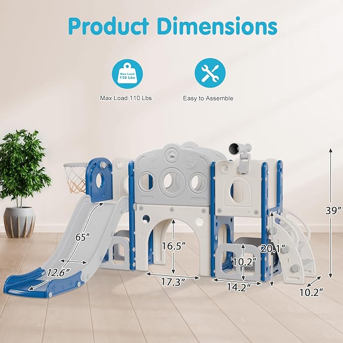 Babytronic Toddler Slide Set, 8 in 1 Kids Slide, Indoor Outdoor Slide for Toddlers Age 1-3, Toddler Playset with Basketball Hoop and Tunnel, Toddler Indoor Outdoor Playground, Blue&Grey