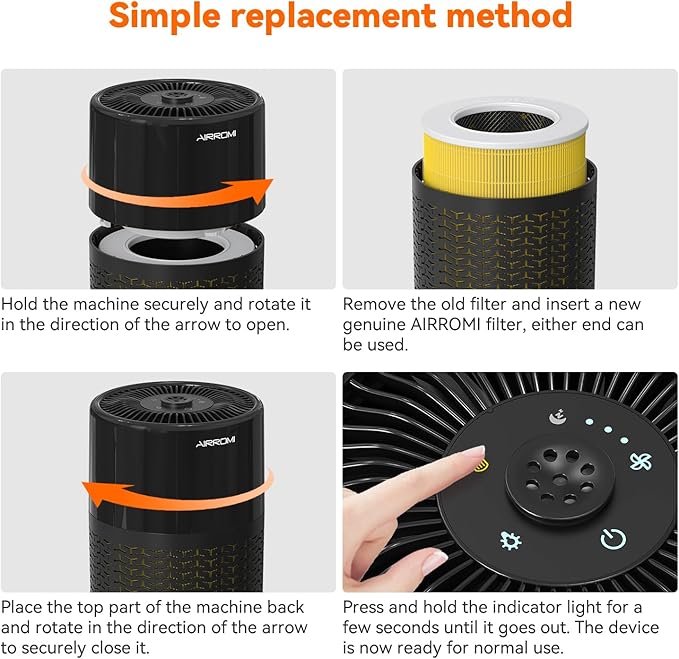 AIRROMI Pets Air Purifier for Home Allergies,Up to 660 ft².Yellow Deodorizing Activated Carbon Filter,With Fragrance Sponge for Better Sleep,Night Light,Pet Dander,Smoke,Odors,Air Cleaner A2002 Black