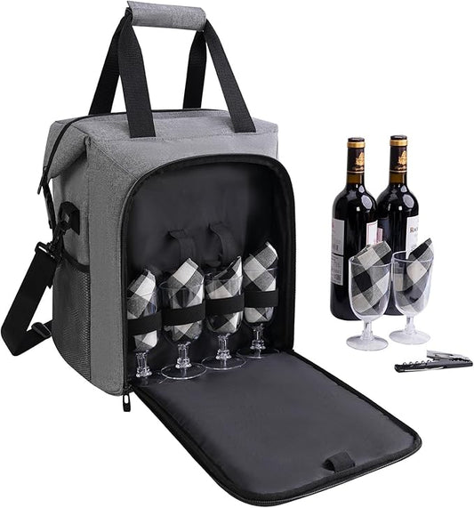 ALLCAMP 6 Bottle Wine Gift Bag - Insulated Tote Cooler, Adjustable Strap, Includes 6 Wine Glasses, Napkins & Corkscrew, Portable Travel Gifting(Gray)