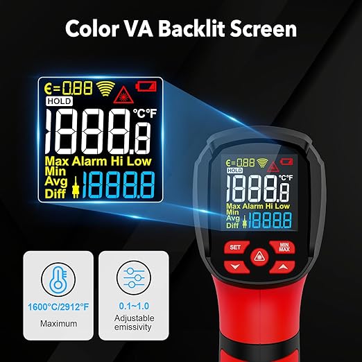 '-40℉~2912℉ MESTEK Infrared Thermometer Temperature Gun,50:1 Dual Laser High Temp Thermometer with Thermocouple Probe, Non-Contact Industrial Pyrometer for Engine, Kiln, Forging,Humidity Measurement
