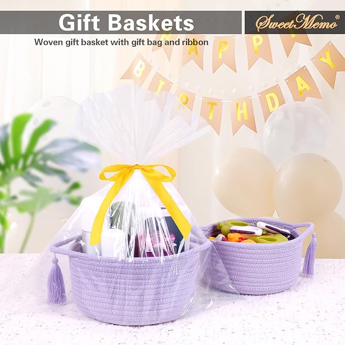 Empty Gift Basket - SweetMemo Mini Woven Rope Organizer Baskets for Baby Shower, Vanity, Makeup Brushes, Bathroom, Shelves, Desk - Small Decorative Storage Bins - Set of 2, Pre-Shaped, Lilac Purple
