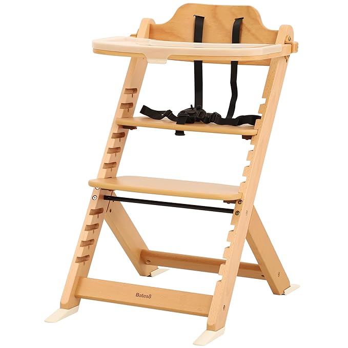 High Chair for Babies and Toddlers, Wooden Highchair with Adjustable Seat & Convertible Footrest Heights, Baby Feeding Chair with Safety Harness & Removable Double Layer Tray