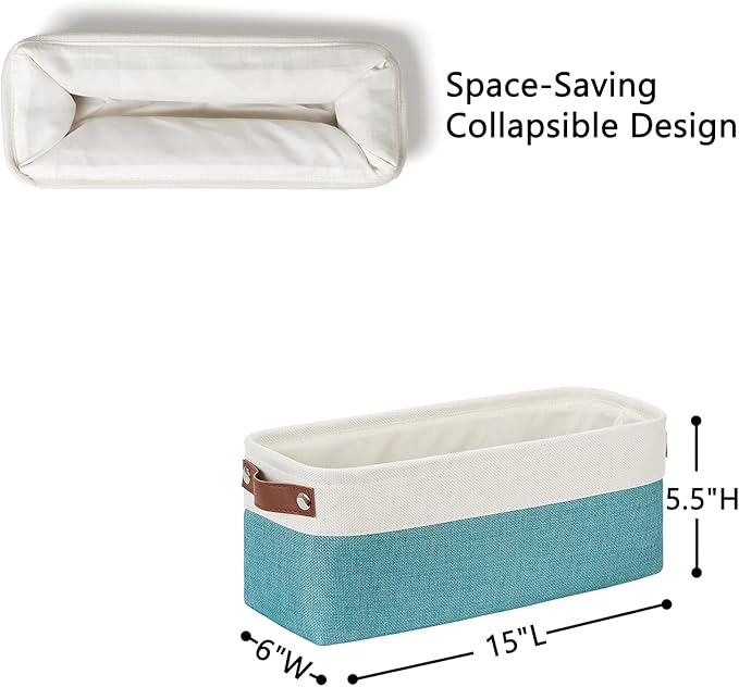 DULLEMELO Small Bathroom Closet Storage Baskets Canvas Fabric Storage Bins for Toilet 2 Pack Collapsible Home Organizer With Handles (White&Teal)