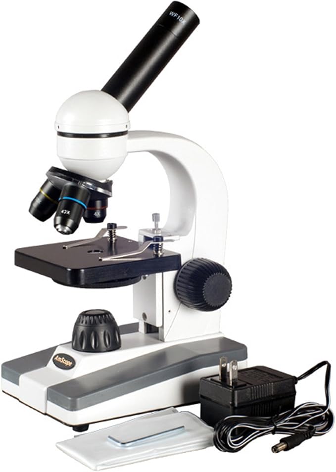 AmScope M148 Compound Monocular Microscope, WF10x Eyepiece, 40x-400x Magnification, LED Illumination, Brightfield, Single-Lens Condenser, Plain Stage, 110V or Battery-Powered, White