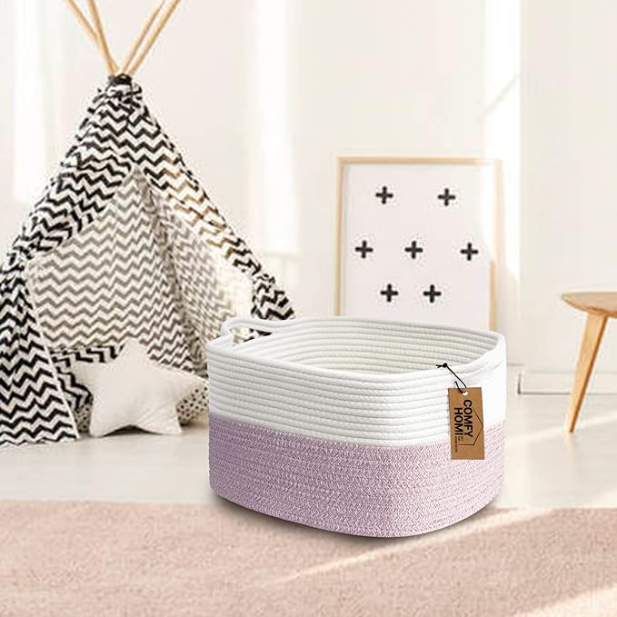 COMFY-HOMI Cotton Rope Woven Medium Basket with Handles for shelf，Cloth Storage Basket for Organizing-13.5X11X9.5 Storage Bin for Bedroom, Newborn or Infant Gift for boy girl （White/Pink）