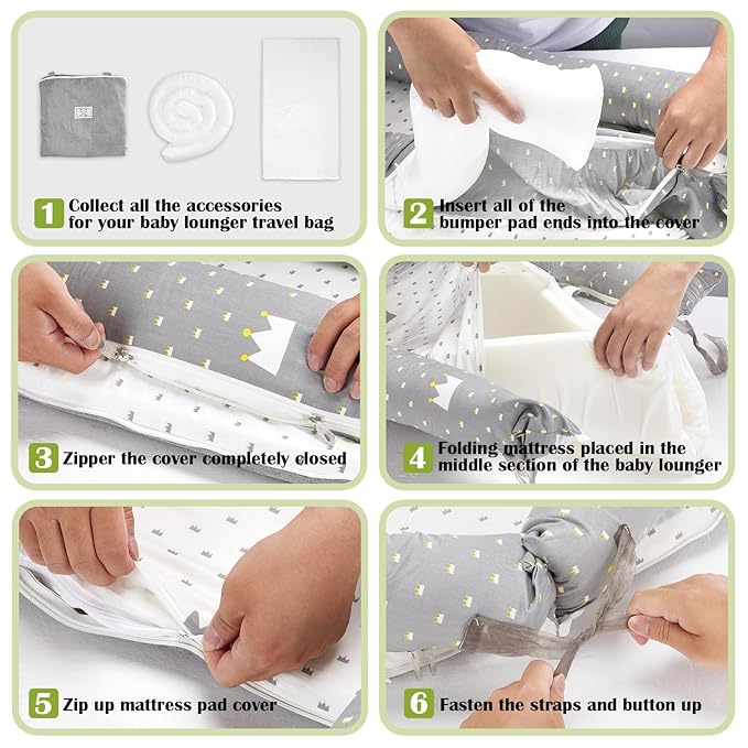 Baby Lounger for Newborn Portable Bag,Baby Nest Play Gym mat with Strap,Newborn Lounger Adjustable Size & Inner Zipper Lengthen Space to 24 Months(Gray Thousand Bird Check)