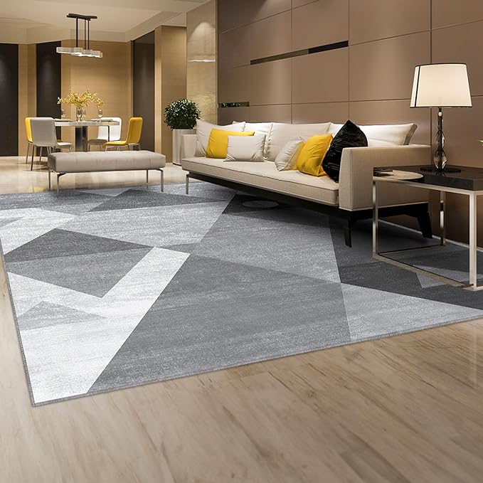 HOMFINE Washable Modern Area Rug - Geometric Style 9x12 Rugs for Living Room, Bedroom, Machine Washable Rug Soft Non Slip Non Shedding Area Rug - Grey, 9'x12'