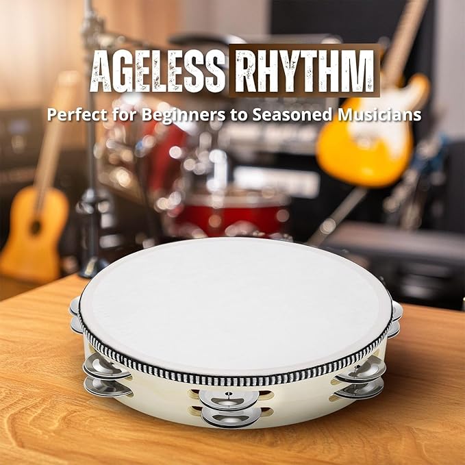 Flexzion Wood Handheld Tambourine for Adults 8-Inch Double Row 8-Pair Jingles (Wood) - Percussion Round Tamborines Musical Instrument with Metal Zills