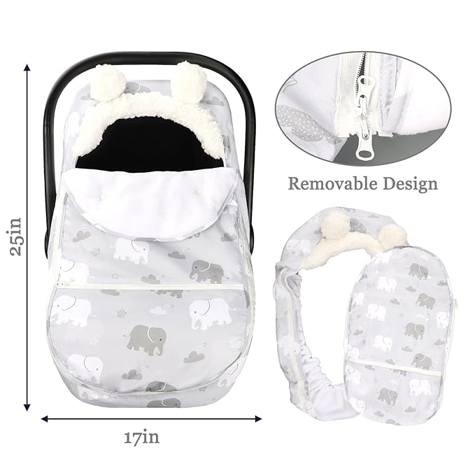 Carseat Cover Boys, Winter Cozy & Warm Cover, Elephant Baby Car Seat Cover, Infant Car Seat Canopy, Ultra-Soft Breathable Protect Baby from Cold Wind, Zipped Removable Design