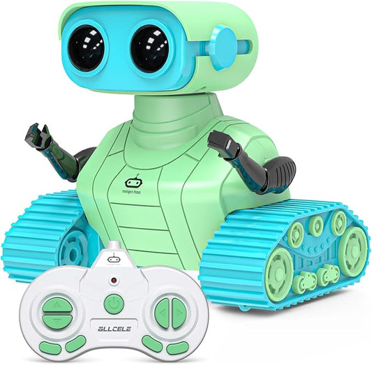 ALLCELE Robot Toys, Rechargeable RC Robots for Kids Boys, Remote Control Toy with Music and LED Eyes, Ideal Gift for Children-Green Blue