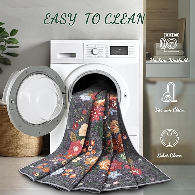 8x10 Area Rug for Living Room: Vintage Floral Washable Rug Soft Boho Non Slip Carpet Large Indoor Floor Non Shedding Low Pile Thin Carpets for Bedroom Dining Room Farmhouse Nursery Home Office Black