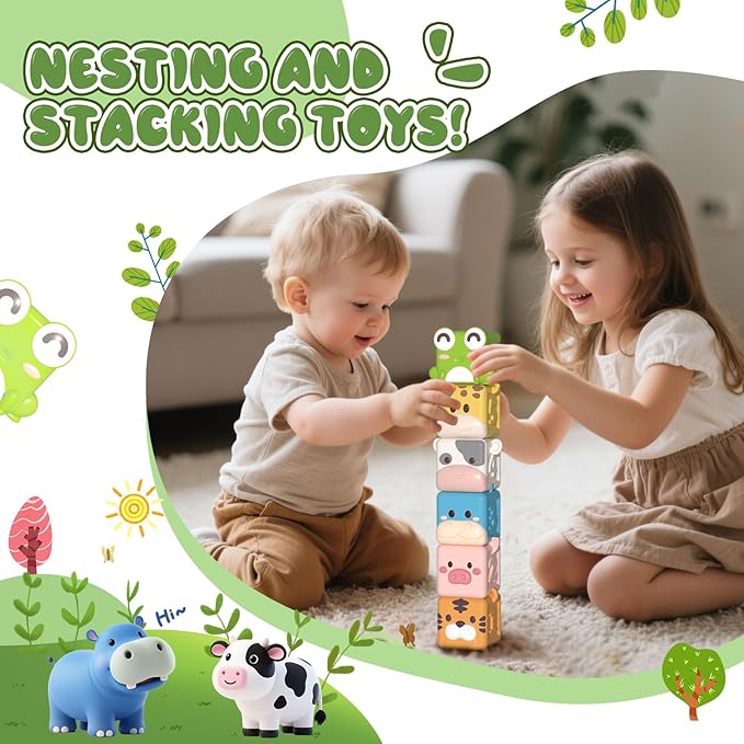 Animal Soft Gel Stacking Block Set Soft Silicone Baby Blocks Toys for 18 Months to 3 Years Old Early Learning Touch Bath Educational Toys with Numbers Animals Fruits Texture