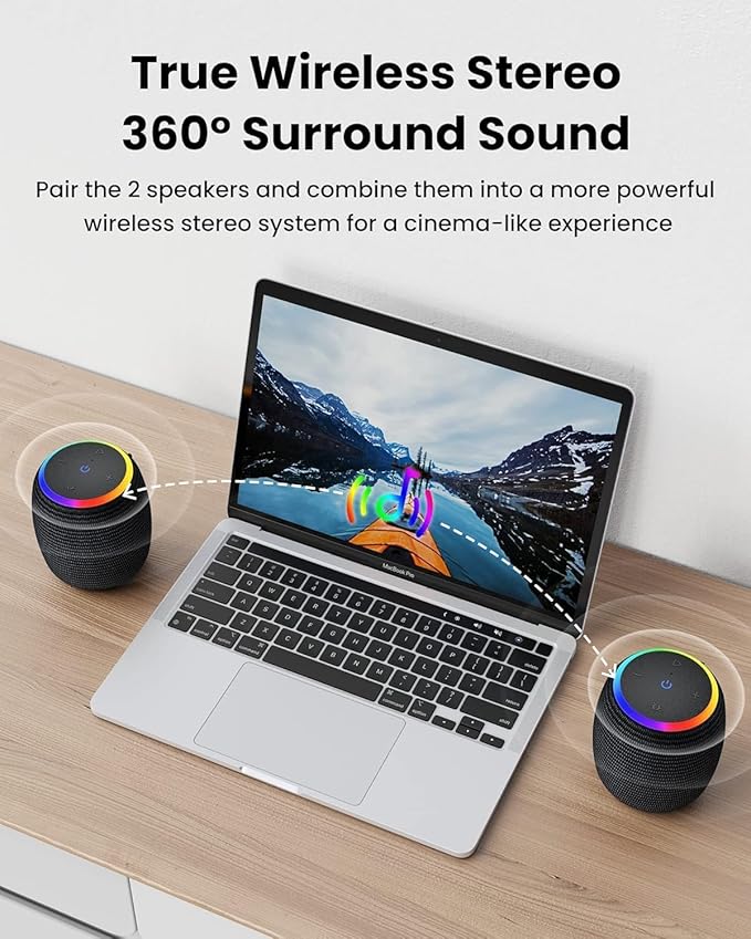 Bluetooth Speaker, Portable Wireless Bluetooth 5.3, 15W Clear Bass, IPX6 Waterproof, LED Lights, AUX/TF/USB, Dual TWS Pairing, 12H Playtime, Small Speakers for Home Outdoor Beach, Ideal Gift
