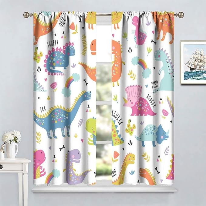 Cartoon Dinosaur Curtains for Kids Boys Girls Home Decor Childish Cute Dino Animals Print Pattern Rod Pocket Blackout Window Drapes for Nursery Baby Bedroom Playroom W21xL45in 2 Panels