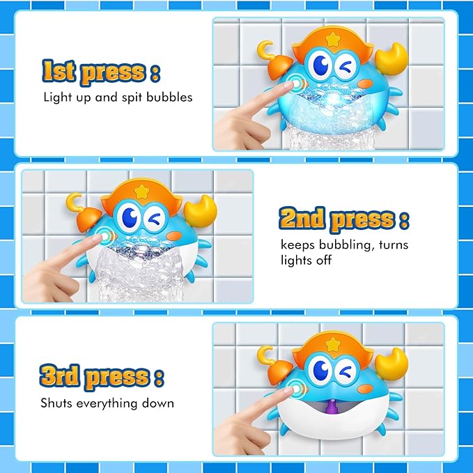 Baby Bath Toys,Light Up Crab Bubble Machine Blower with LED Lights,3 Cute Wind-Up Bath Toys for Kids Ages 1-3 4-8 Toddler Bathub Toy Great Birthday Gifts for Kids