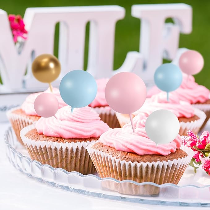 75 Pcs Cake Balls Topper Decorations Foam Cupcake Topper Mini Balloon Cake Topper Balls Cake Picks for Cake Deco Birthday Party Wedding（Blue,Pink,Gold）