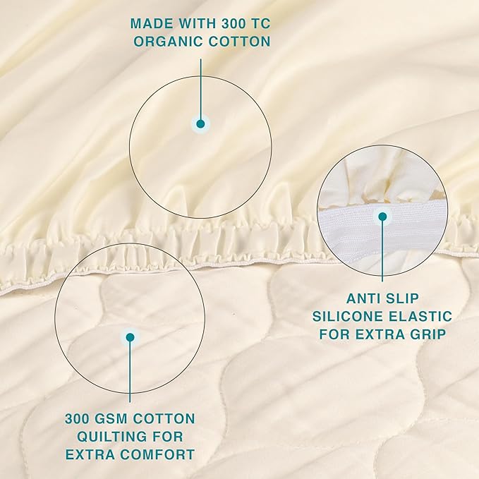 FABDREAMS Organic Quilted Mattress Protector Full Size | Mattress Pad| Mattress Cover| Naturally Breathable | Noiseless| Fits up to 17" Deep Pockets| Temperature Regulating | Ivory